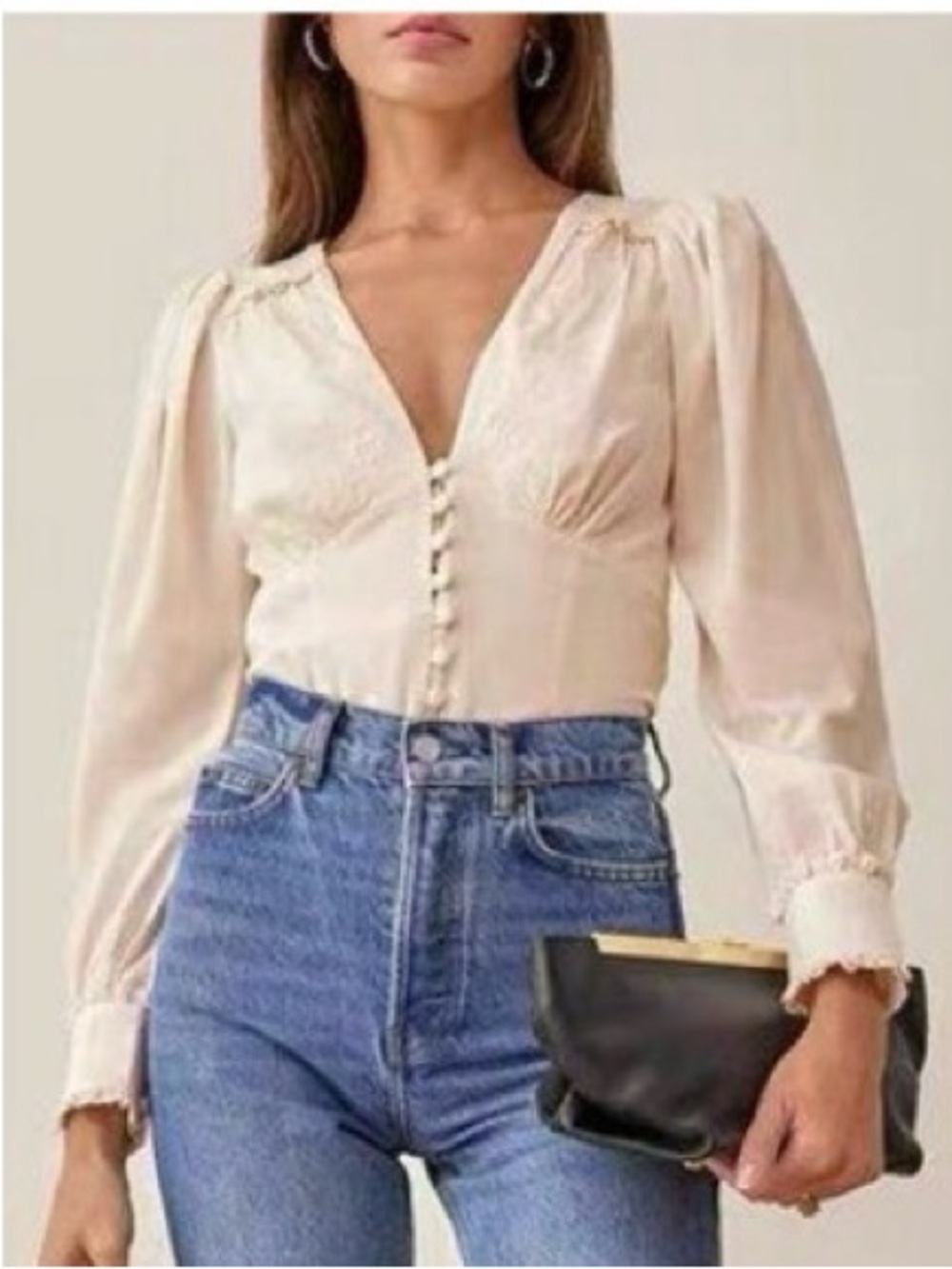 Reformation Lawrence Embroidered Puff Sleeve Blouse Size 0 Cream